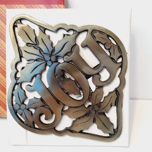 Vintage Avon Brass, Footed Trivet & Wall Hanging "JOY" with Christmas Holly